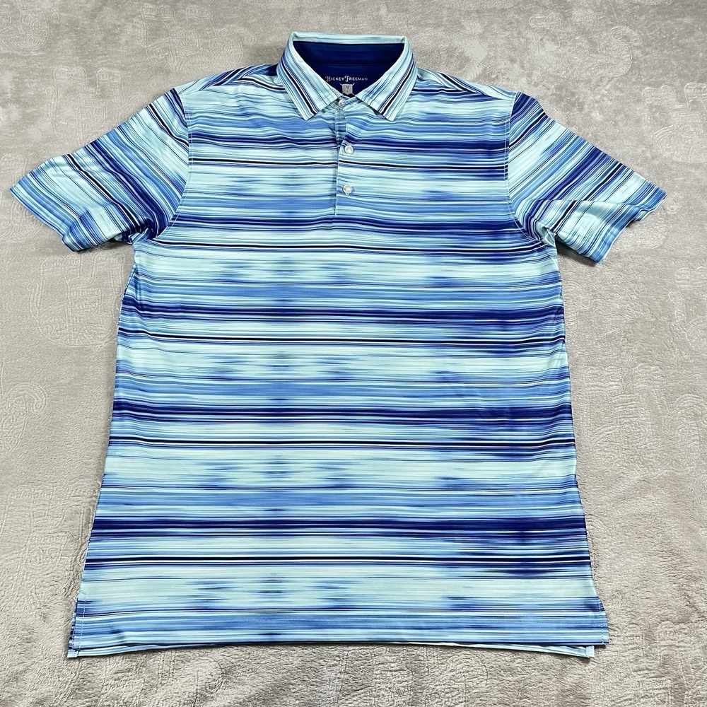 Hickey Freeman Polyester Blend‎ Golf Polo Shirt Aqua Stripe Size S